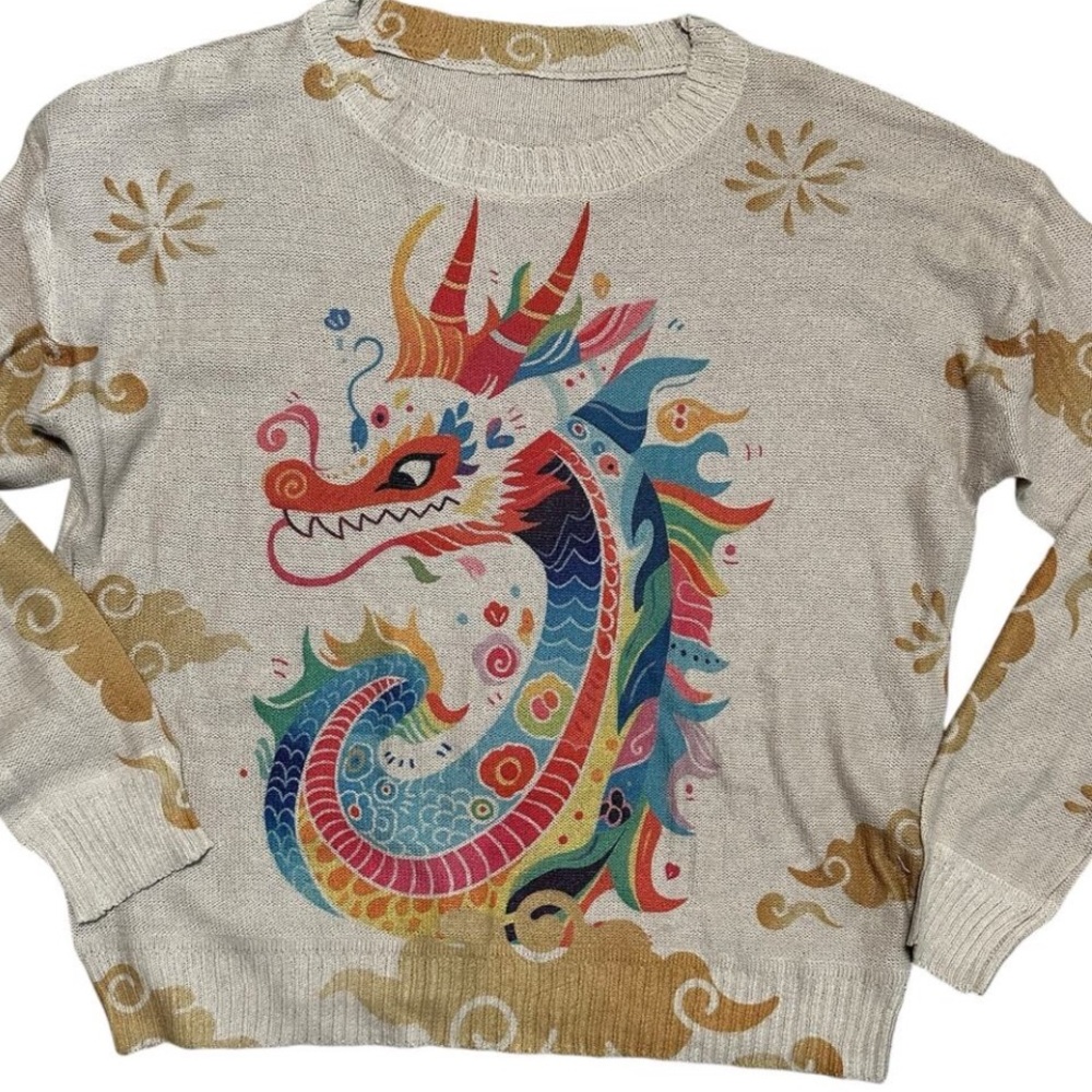 Dragon Print Retro Style Light Knit
Long Sleeve Shirt Rainbow Colors
Large 🐉